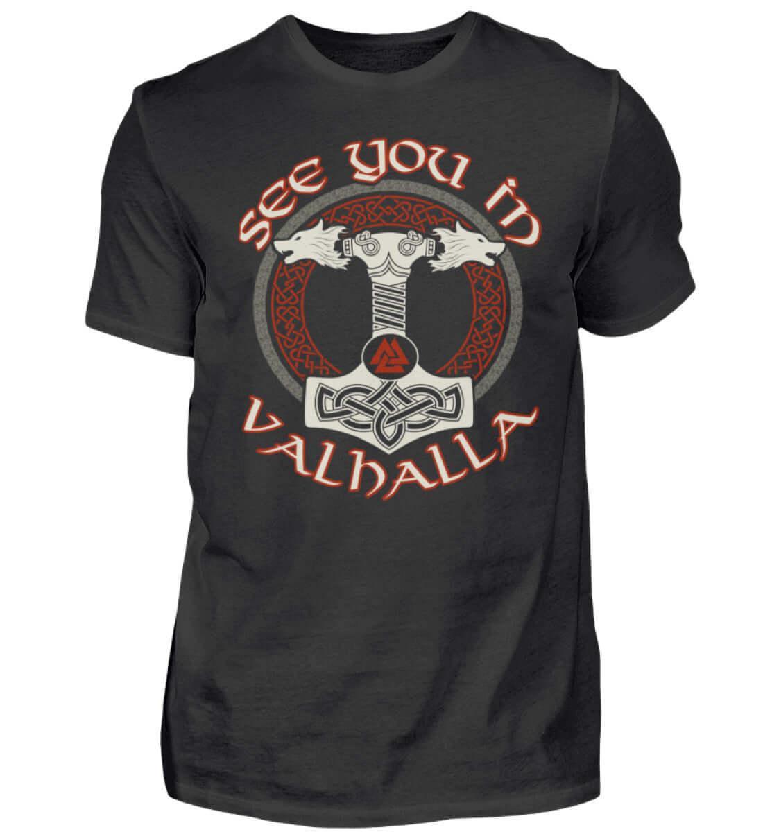 Wikinger "See You In Valhalla" T-Shirt - Nordischer Krieger Shirt mit Mjölnir und Wölfe Design - Nordic Viking Wear