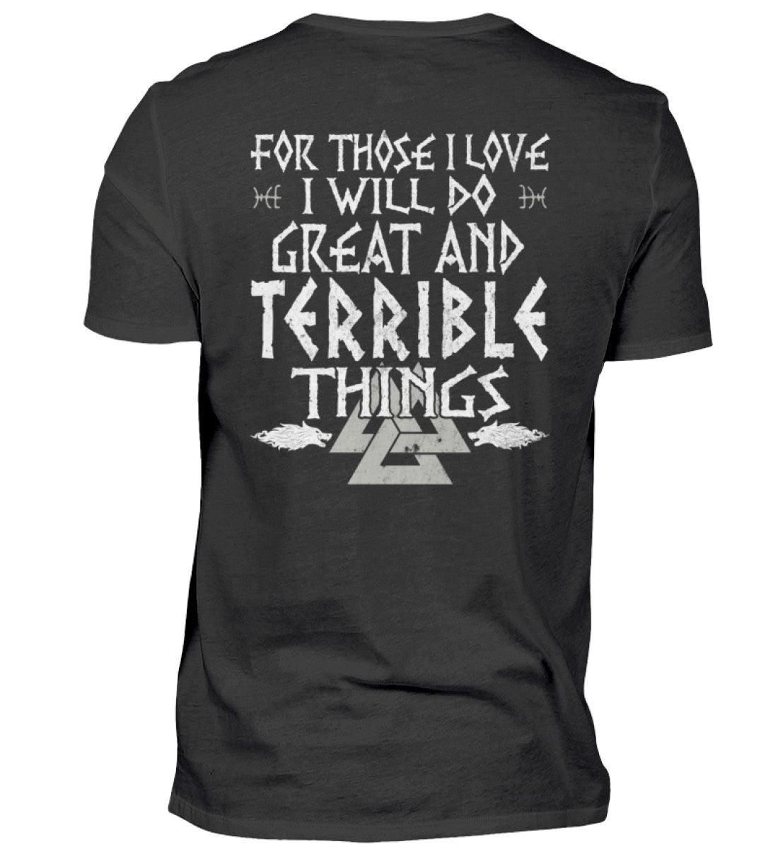 Wikinger-Shirt "Große und schreckliche Taten" – Inspirierendes Nordisches Design mit Walknut-Symbol - Nordic Viking Wear