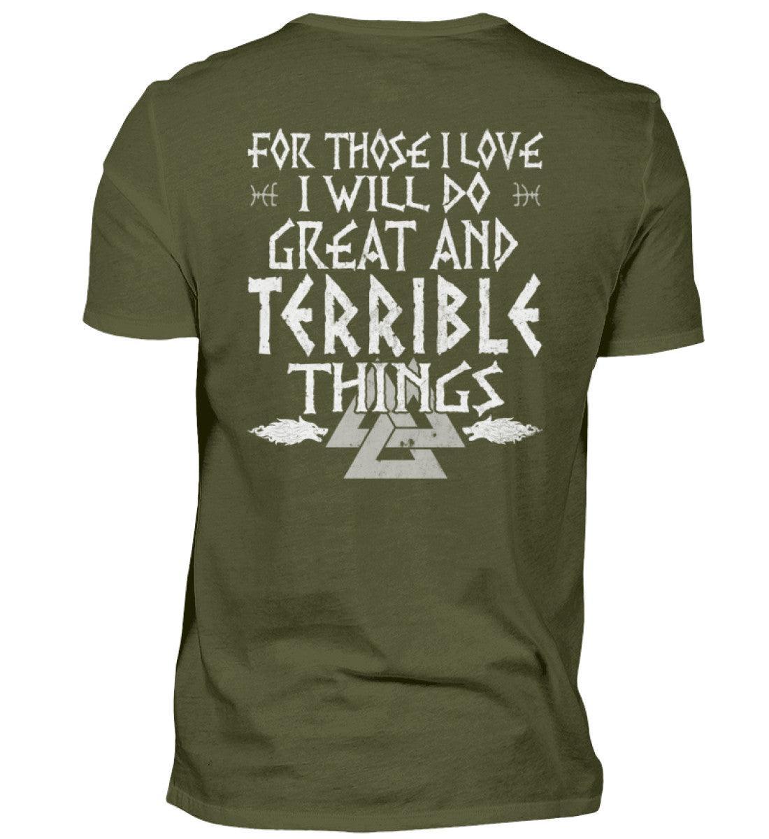 Wikinger-Shirt "Große und schreckliche Taten" – Inspirierendes Nordisches Design mit Walknut-Symbol - Nordic Viking Wear