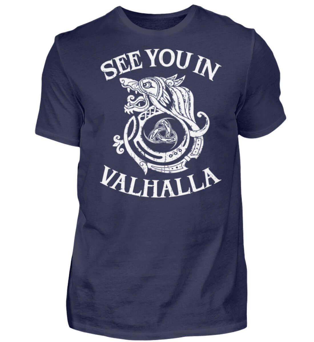 Wikinger Premium T-Shirt | Fenris Wolf & Odins Gjallarhorn | "See You In Valhalla" Spruch | Nordische Mythologie Design - Nordic Viking Wear