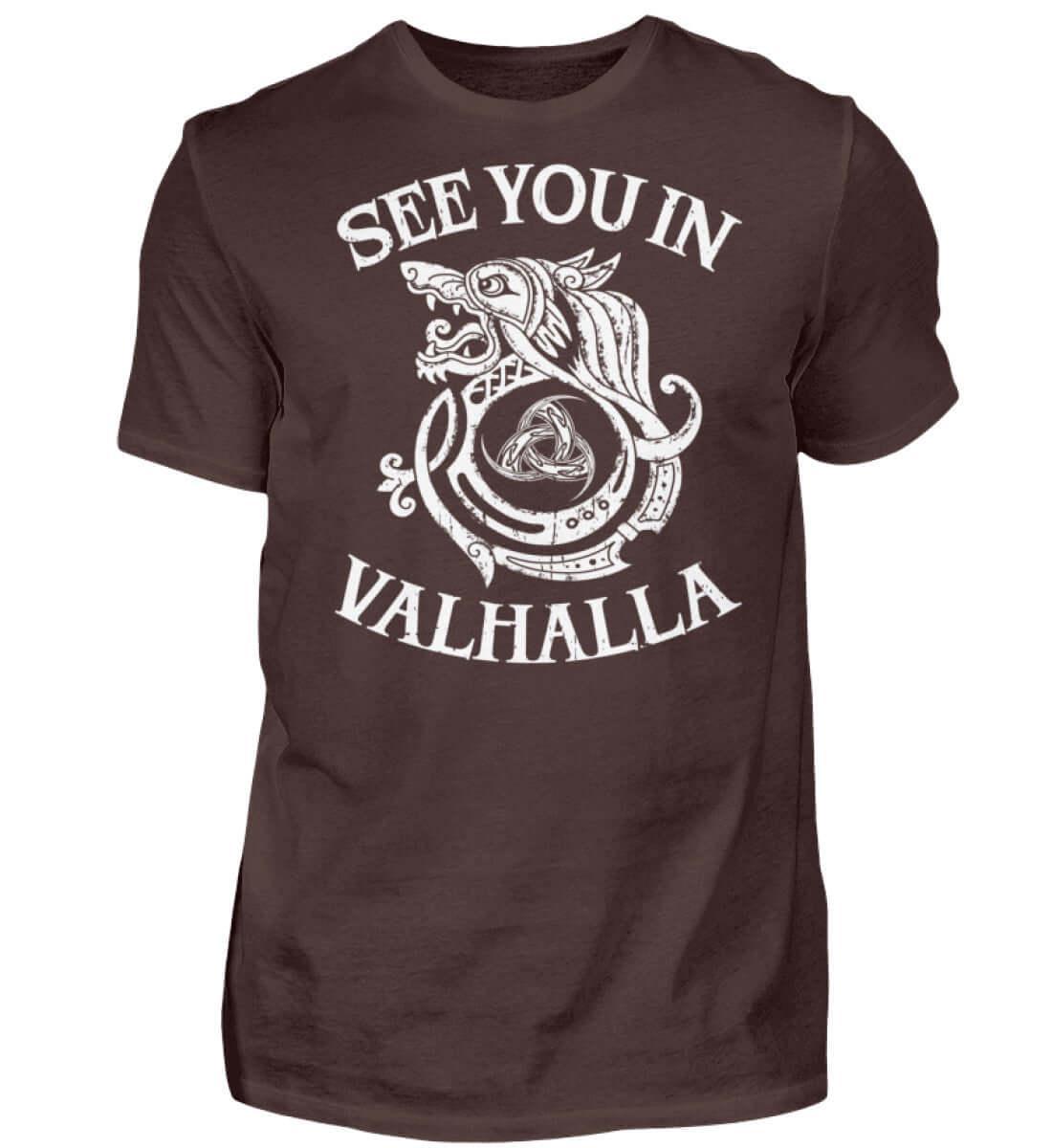 Wikinger Premium T-Shirt | Fenris Wolf & Odins Gjallarhorn | "See You In Valhalla" Spruch | Nordische Mythologie Design - Nordic Viking Wear