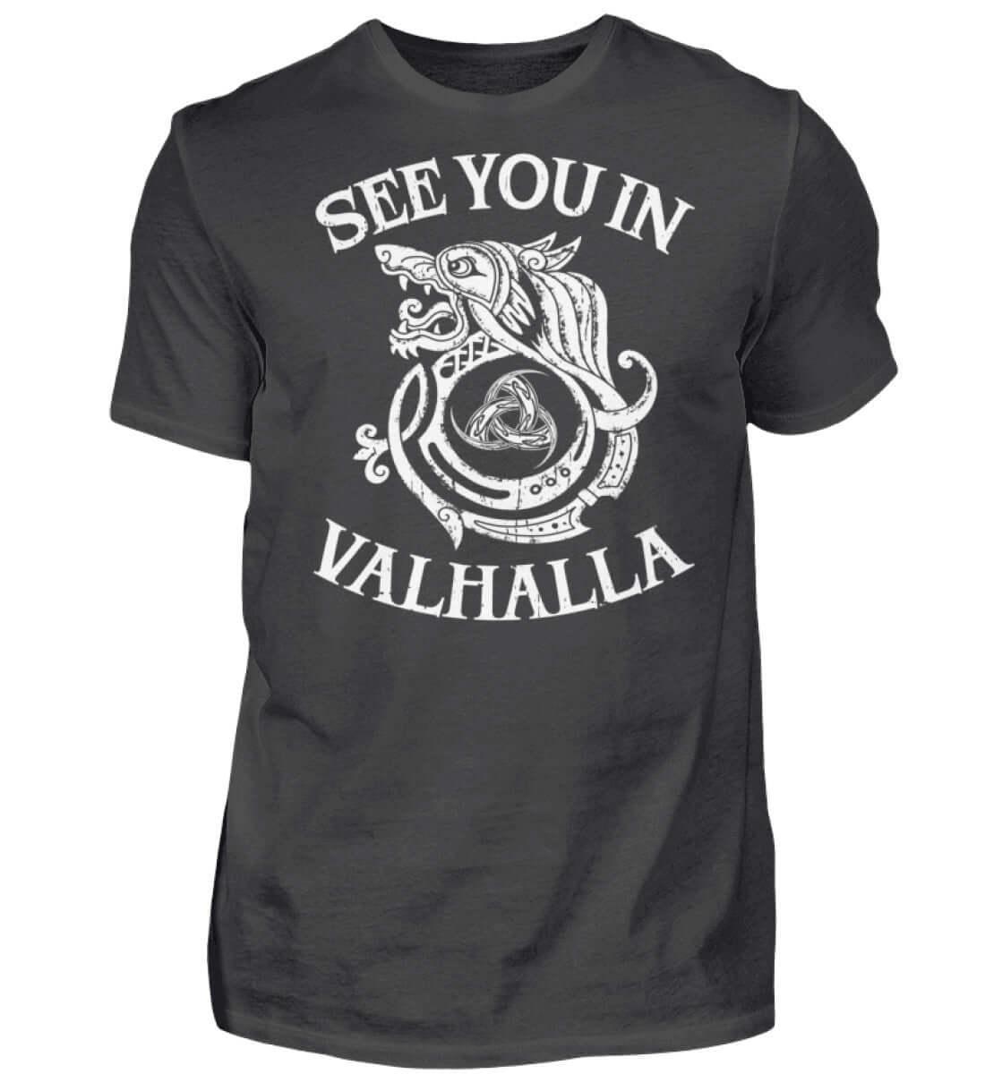 Wikinger Premium T-Shirt | Fenris Wolf & Odins Gjallarhorn | "See You In Valhalla" Spruch | Nordische Mythologie Design - Nordic Viking Wear