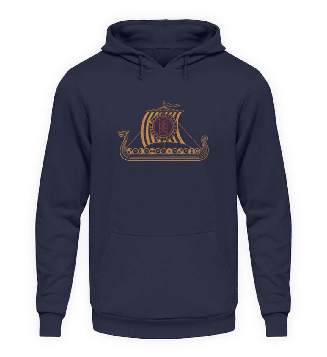 Wikinger Drachenschiff Hoodie mit Wyrd-Web Schild - Langschiff Segler Tee - Mystisches Nordisches Web Muster - Nordic Viking Wear