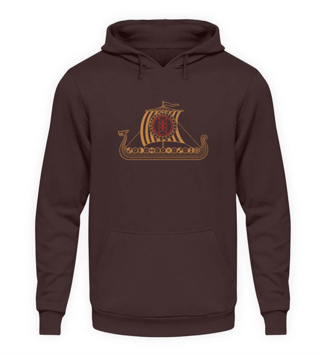 Wikinger Drachenschiff Hoodie mit Wyrd-Web Schild - Langschiff Segler Tee - Mystisches Nordisches Web Muster - Nordic Viking Wear