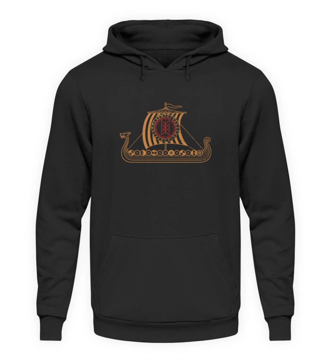 Wikinger Drachenschiff Hoodie mit Wyrd-Web Schild - Langschiff Segler Tee - Mystisches Nordisches Web Muster - Nordic Viking Wear