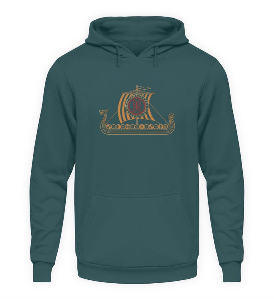 Wikinger Drachenschiff Hoodie mit Wyrd-Web Schild - Langschiff Segler Tee - Mystisches Nordisches Web Muster - Nordic Viking Wear