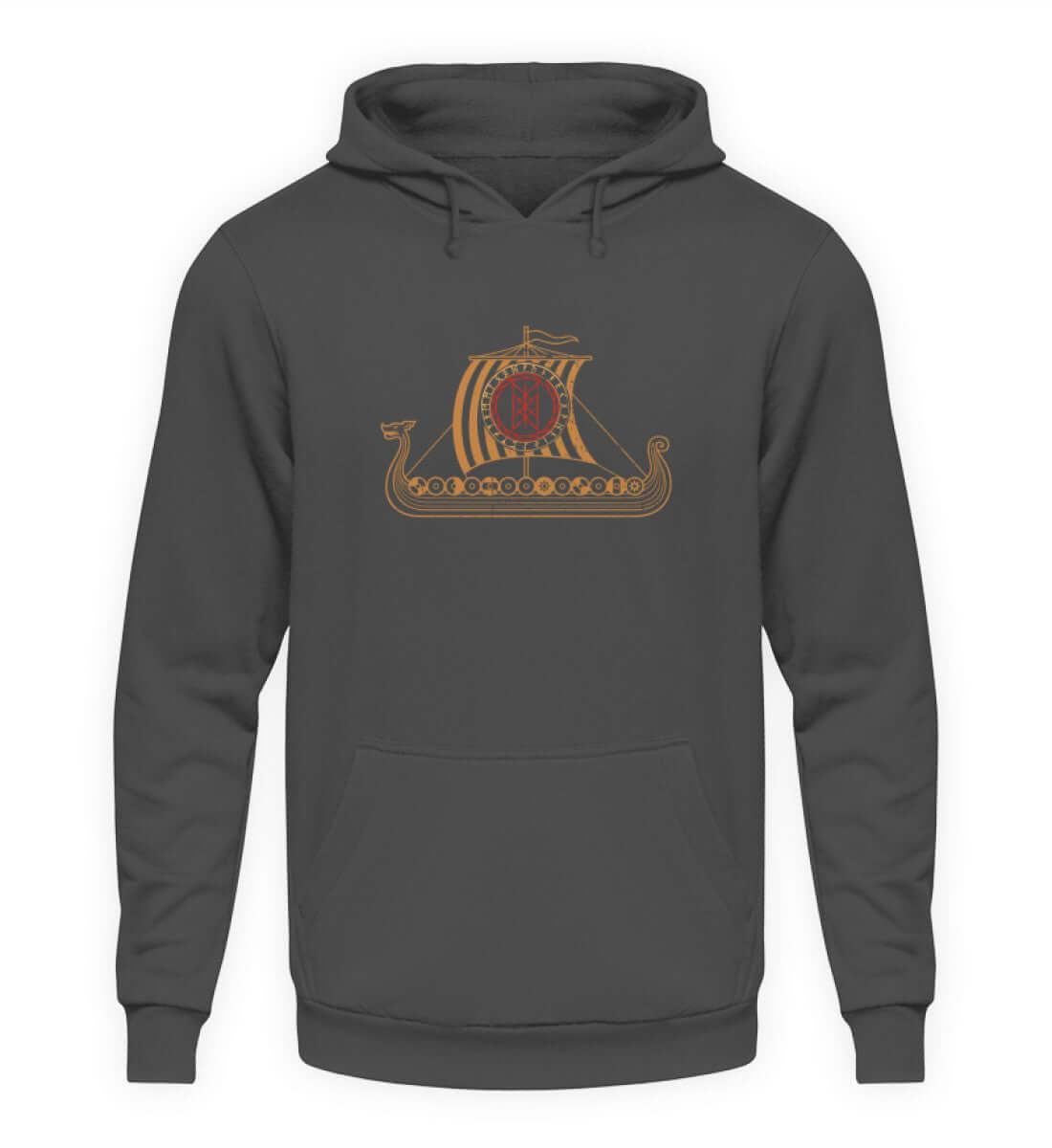 Wikinger Drachenschiff Hoodie mit Wyrd-Web Schild - Langschiff Segler Tee - Mystisches Nordisches Web Muster - Nordic Viking Wear