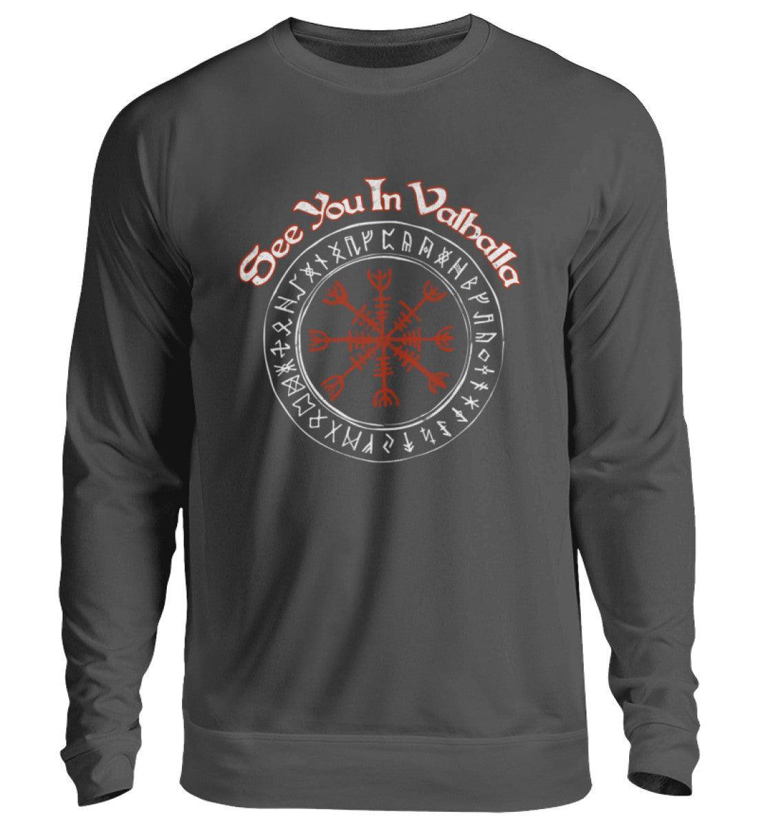 Wikinger Sweatshirt - "See You In Valhalla" Design mit Helm Of Awe (Ægishjálmr) - Nordic Viking Wear