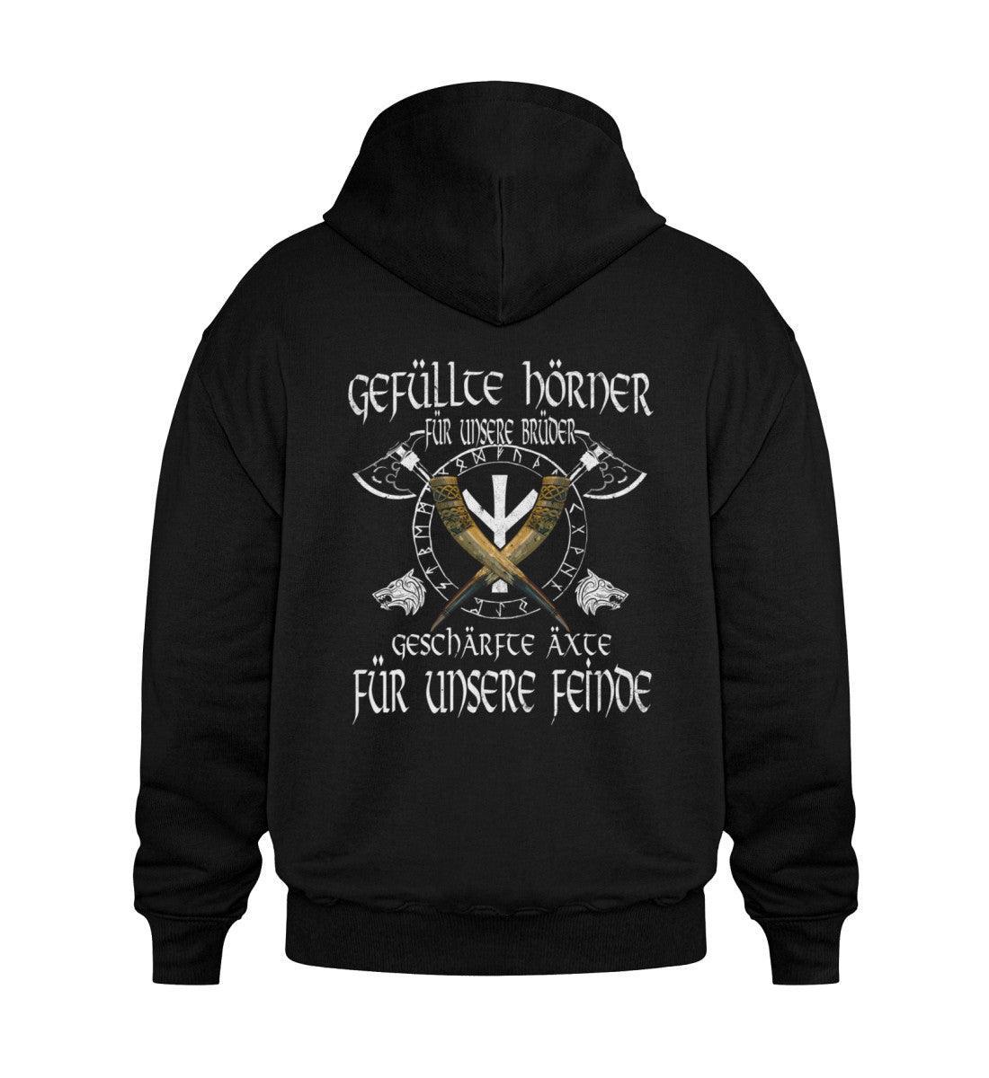 Wikinger Brüderlichkeit Heavy Vintage-Hoodie – "Gefüllte Hörner und Geschärfte Äxte" - Nordic Viking Wear
