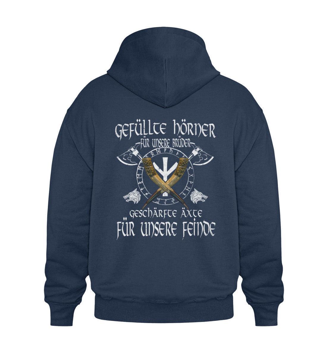 Wikinger Brüderlichkeit Heavy Vintage-Hoodie – "Gefüllte Hörner und Geschärfte Äxte" - Nordic Viking Wear