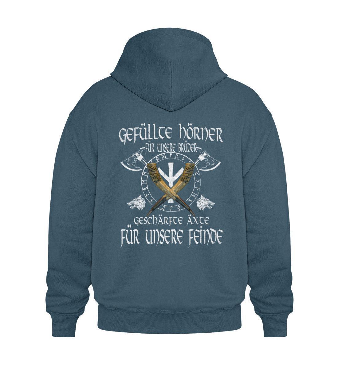 Wikinger Brüderlichkeit Heavy Vintage-Hoodie – "Gefüllte Hörner und Geschärfte Äxte" - Nordic Viking Wear