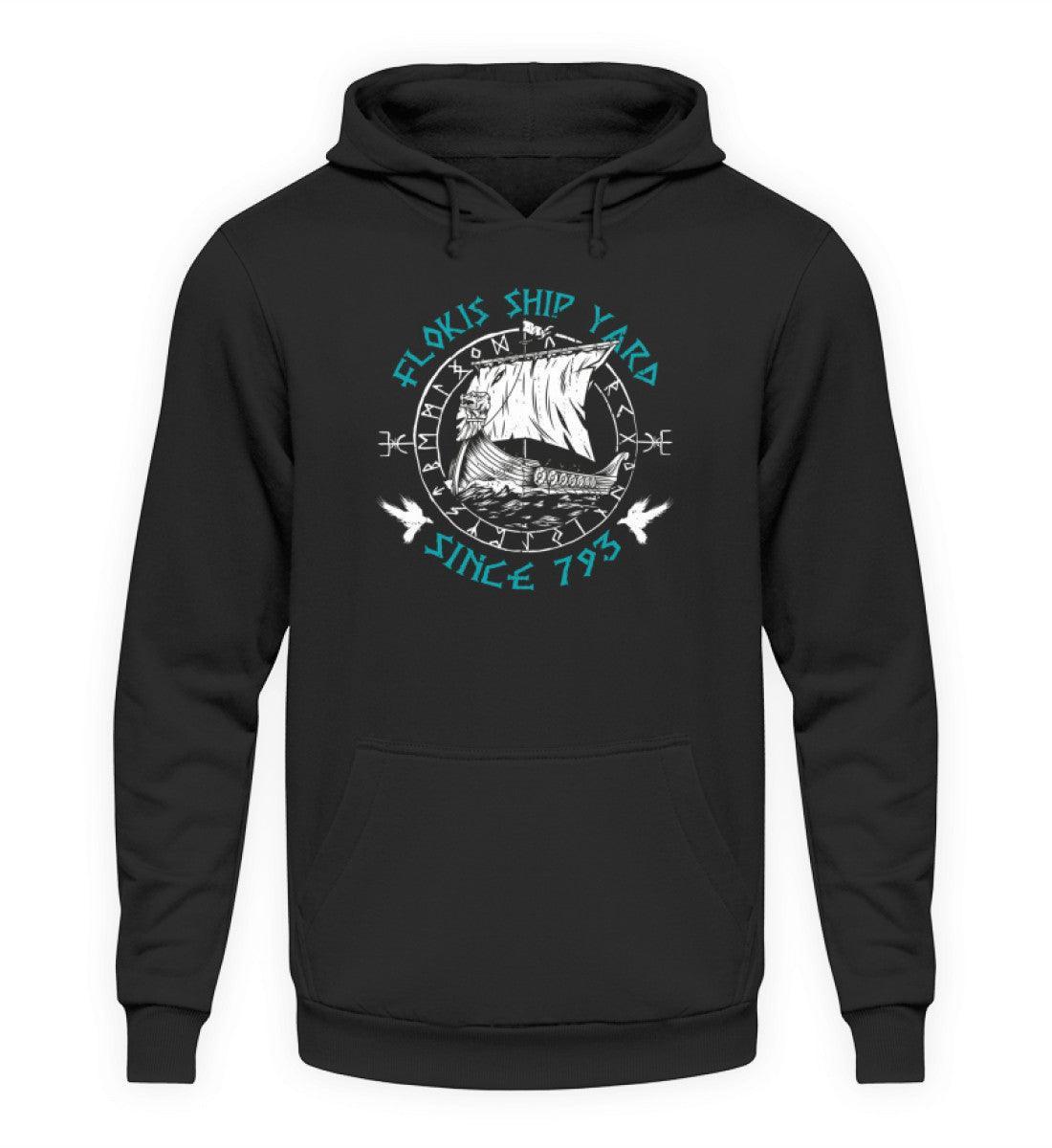 Wikinger Hoodie "Flokis Ship Yard" – Mit prächtigem Wikingerschiff und mystischem Runenkreis - Nordic Viking Wear
