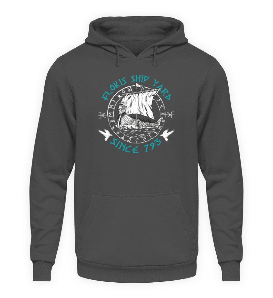 Wikinger Hoodie "Flokis Ship Yard" – Mit prächtigem Wikingerschiff und mystischem Runenkreis - Nordic Viking Wear