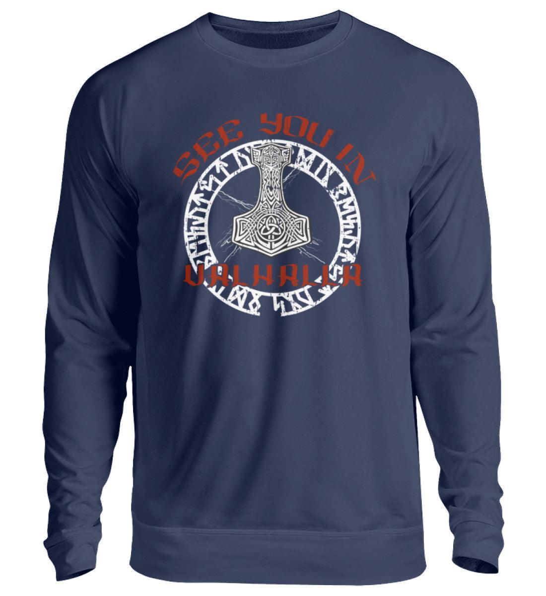 Wikinger Sweatshirt mit Runenkreis, Thors Hammer und "See You in Valhalla" Spruch - Nordic Viking Wear