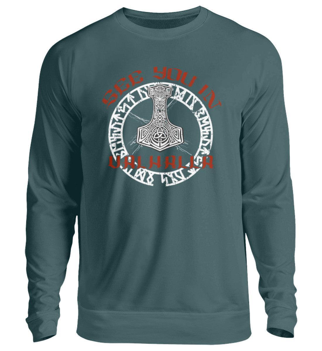 Wikinger Sweatshirt mit Runenkreis, Thors Hammer und "See You in Valhalla" Spruch - Nordic Viking Wear