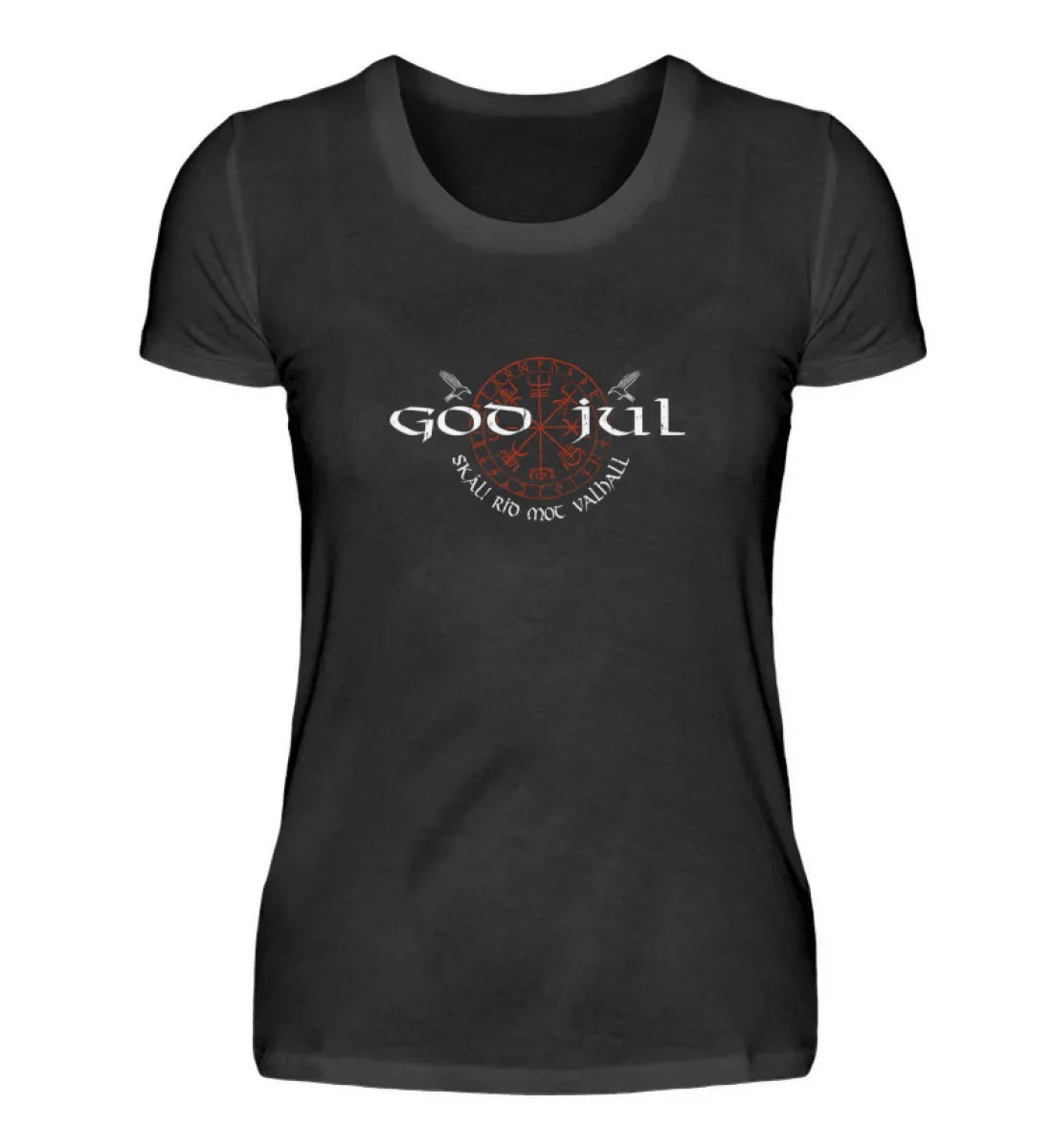 God Jul – Skål! Rid mot Valhall – Wikinger Jul Motiv mit Raben und Runenzeichen auf schwarzem Shirt