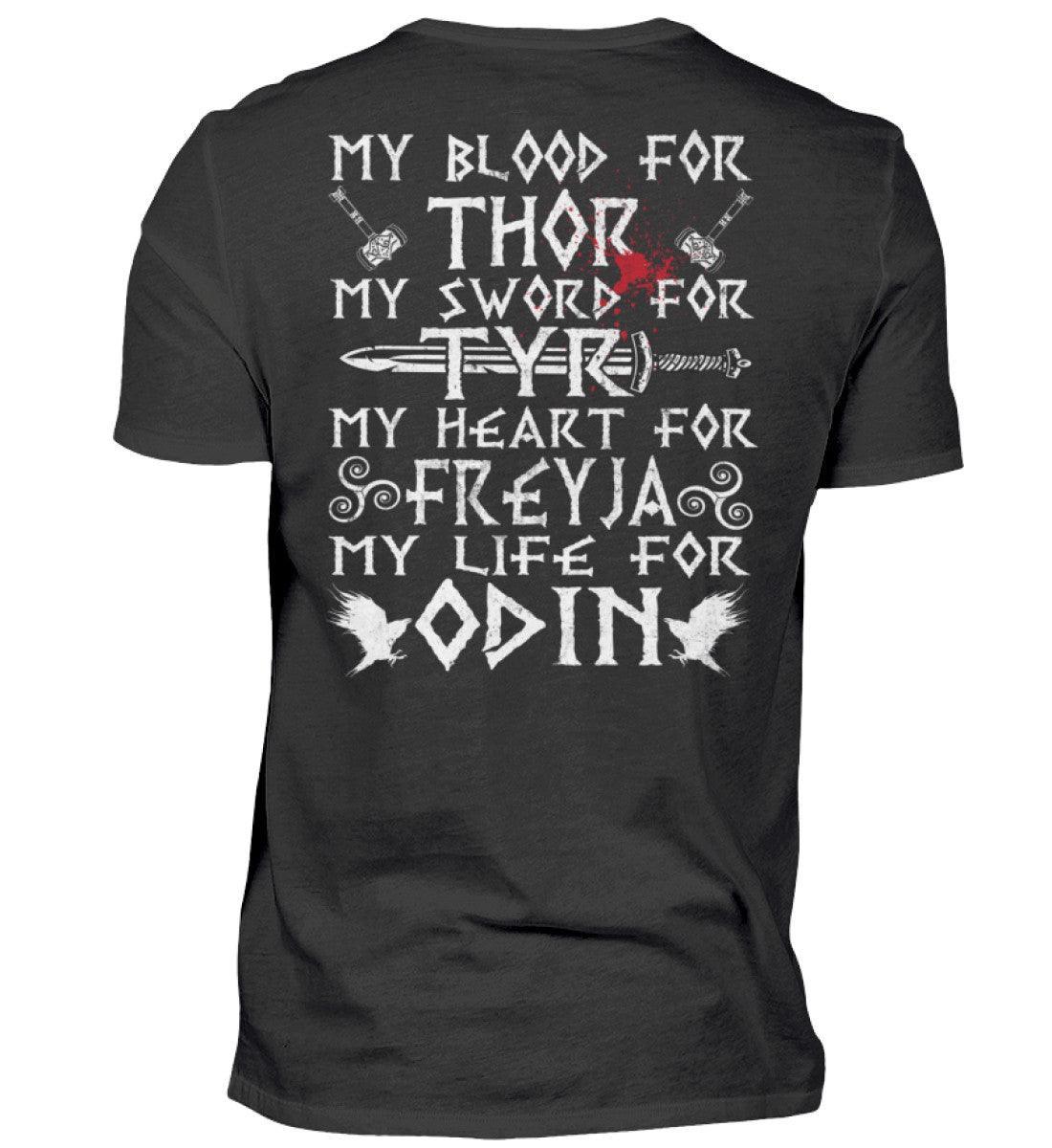 Wikinger-Treue-Shirt: "My Blood for Thor, My Sword for Tyr, My Heart for Freyja, My Life for Odin" - Nordic Viking Wear