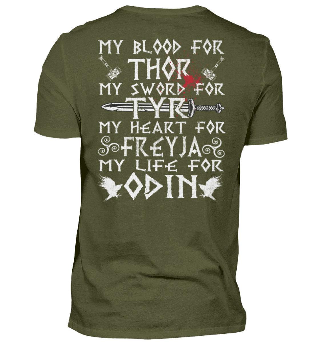 Wikinger-Treue-Shirt: "My Blood for Thor, My Sword for Tyr, My Heart for Freyja, My Life for Odin" - Nordic Viking Wear