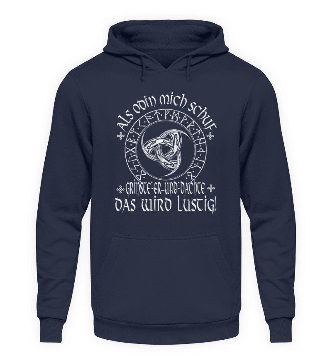 Lustiger Wikinger Hoodie mit Odins Gjallarhorn & Runenkreis - "Als Odin mich schuf" - Nordic Viking Wear