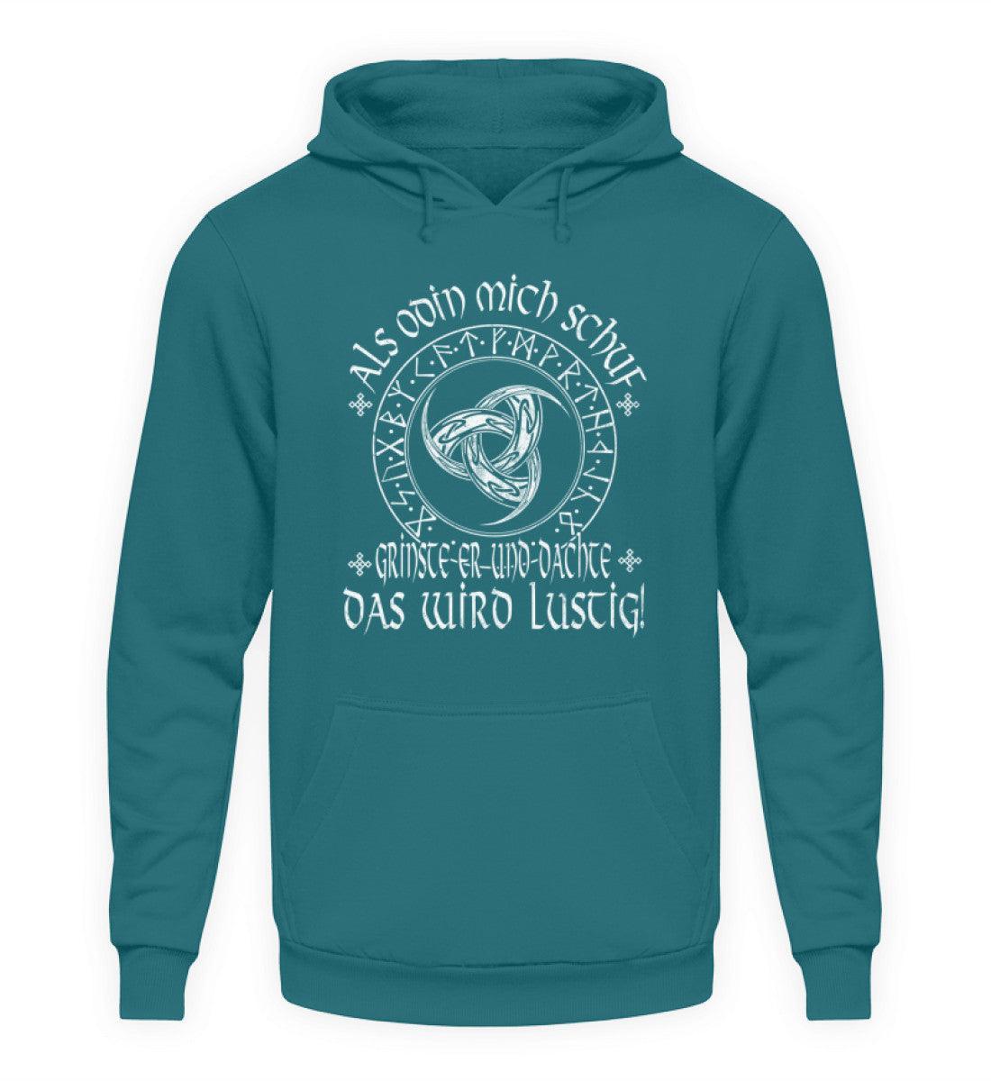 Lustiger Wikinger Hoodie mit Odins Gjallarhorn & Runenkreis - "Als Odin mich schuf" - Nordic Viking Wear