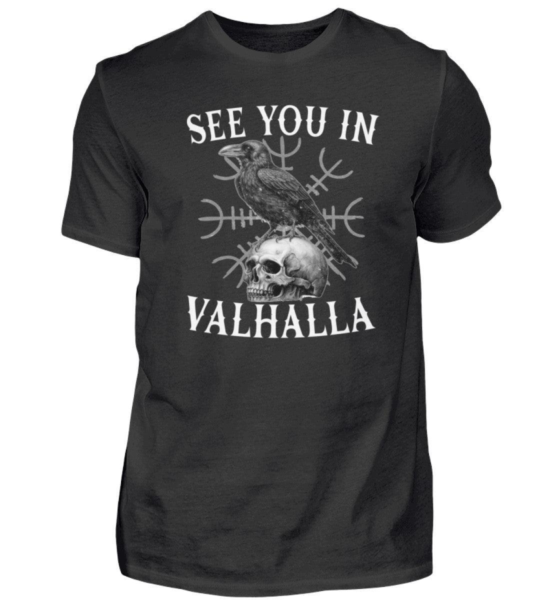 Wikinger Premium T-Shirt: Helm Of Awe & Rabe auf Schädel - "See You in Valhalla" - Nordic Viking Wear