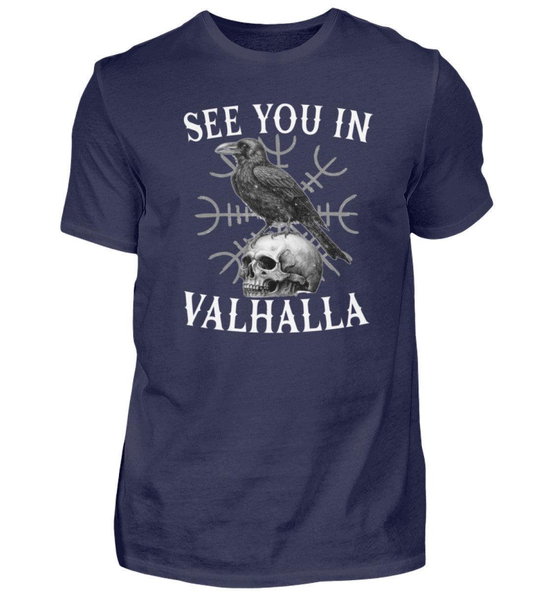 Wikinger Premium T-Shirt: Helm Of Awe & Rabe auf Schädel - "See You in Valhalla" - Nordic Viking Wear