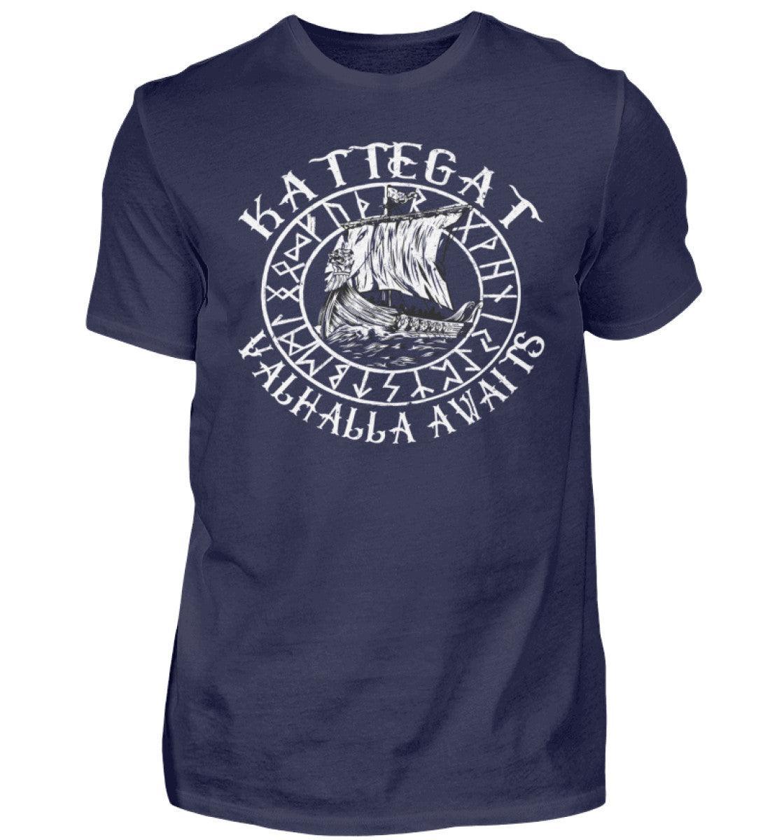 Wikinger-Shirt "Kattegat - Valhalla Awaits" mit Drakkar-Motiv - Nordic Viking Wear