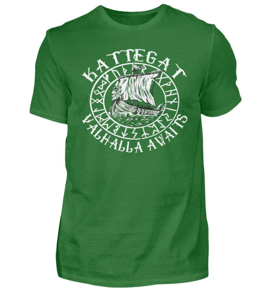 Wikinger-Shirt "Kattegat - Valhalla Awaits" mit Drakkar-Motiv - Nordic Viking Wear