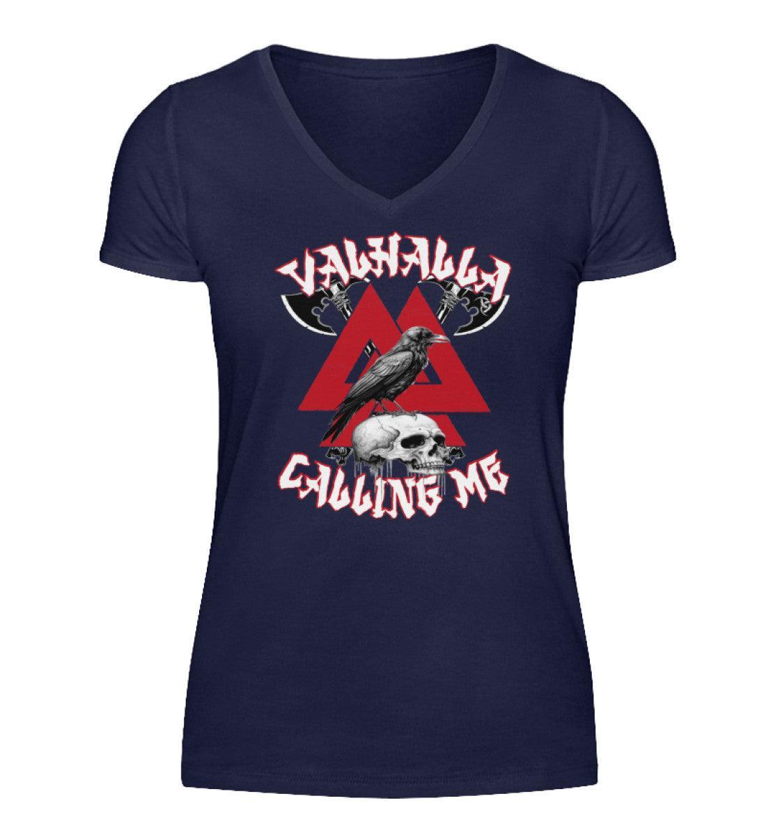 Schildmaiden V-Neck "Valhalla Calling Me" - Mit Valknut-Symbol, gekreuzten Äxten & Raben - Nordic Viking Wear