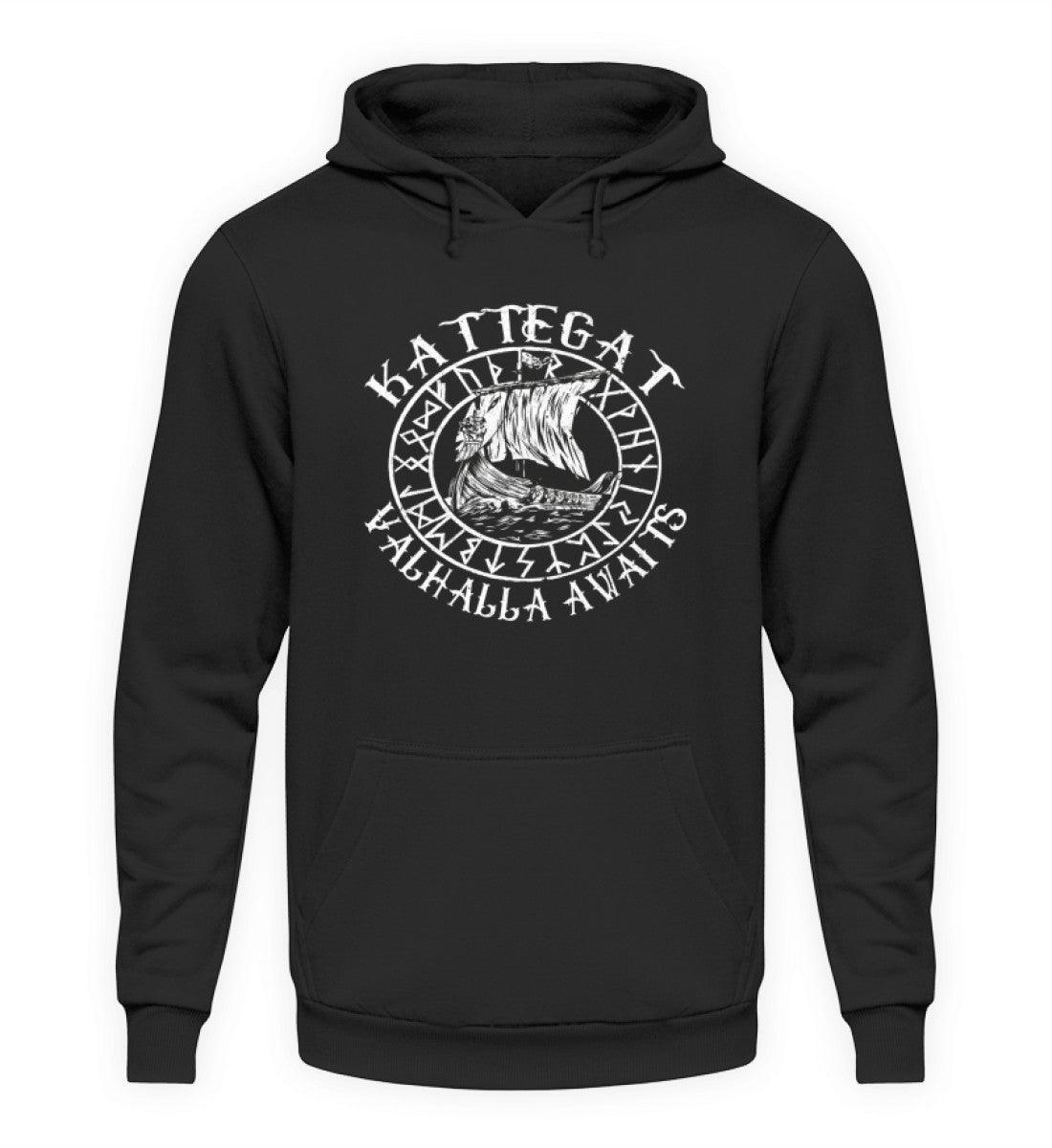 Wikinger Hoodie mit Wikingerschiff Design - "Kattegat Valhalla Awaits" - Authentische Nordische Bekleidung - Nordic Viking Wear