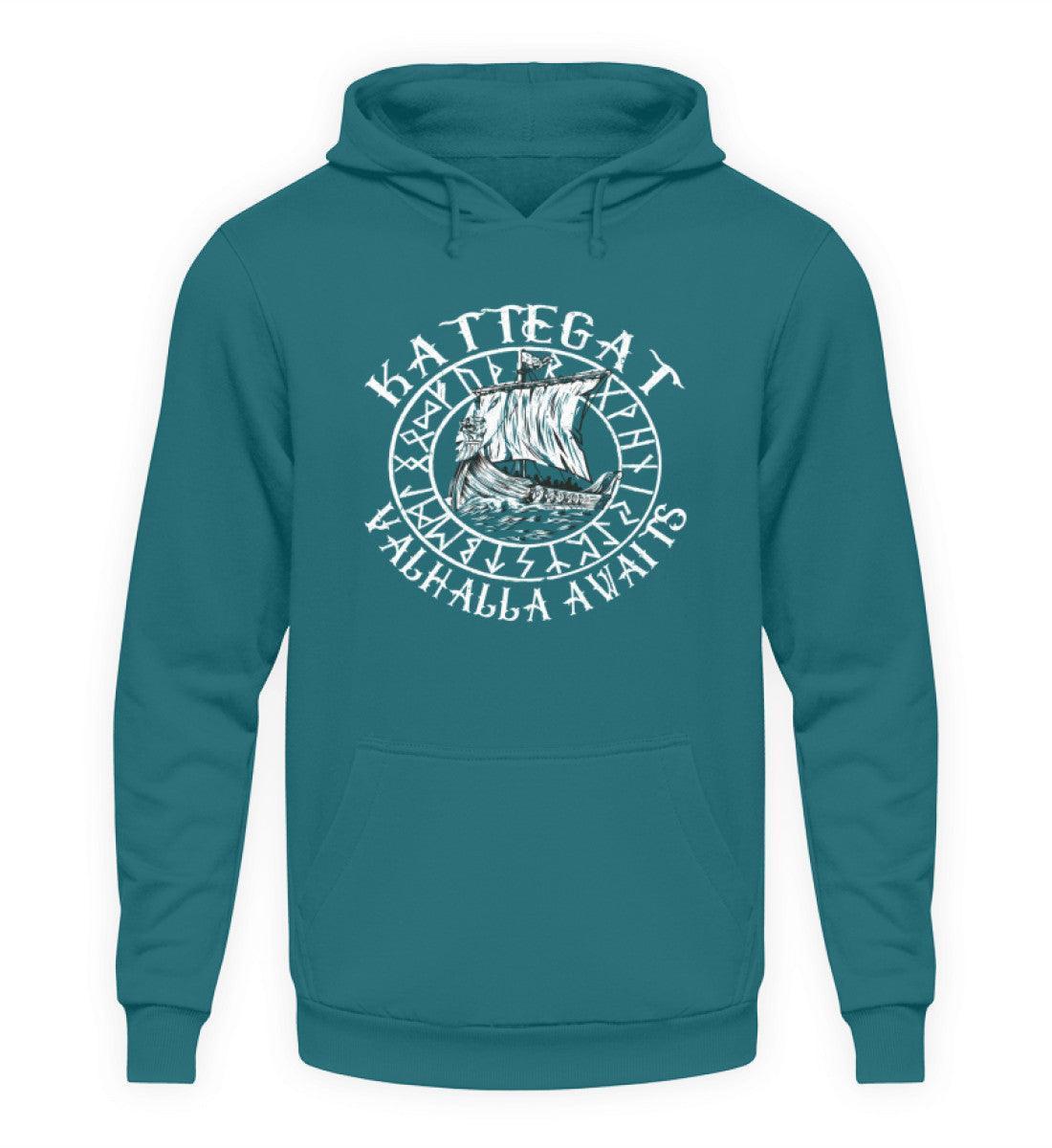Wikinger Hoodie mit Wikingerschiff Design - "Kattegat Valhalla Awaits" - Authentische Nordische Bekleidung - Nordic Viking Wear