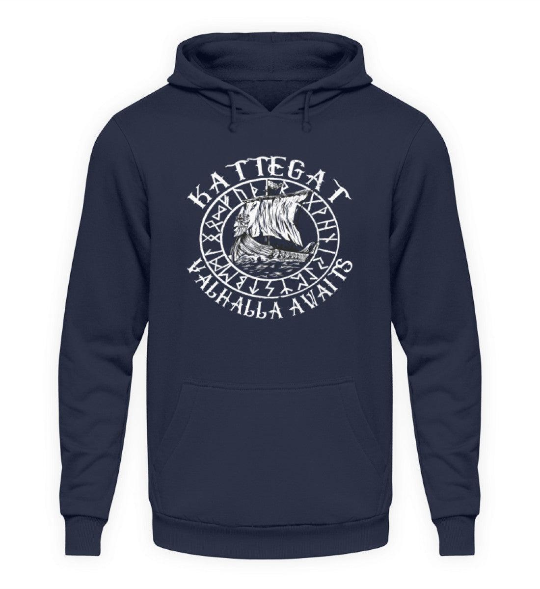 Wikinger Hoodie mit Wikingerschiff Design - "Kattegat Valhalla Awaits" - Authentische Nordische Bekleidung - Nordic Viking Wear