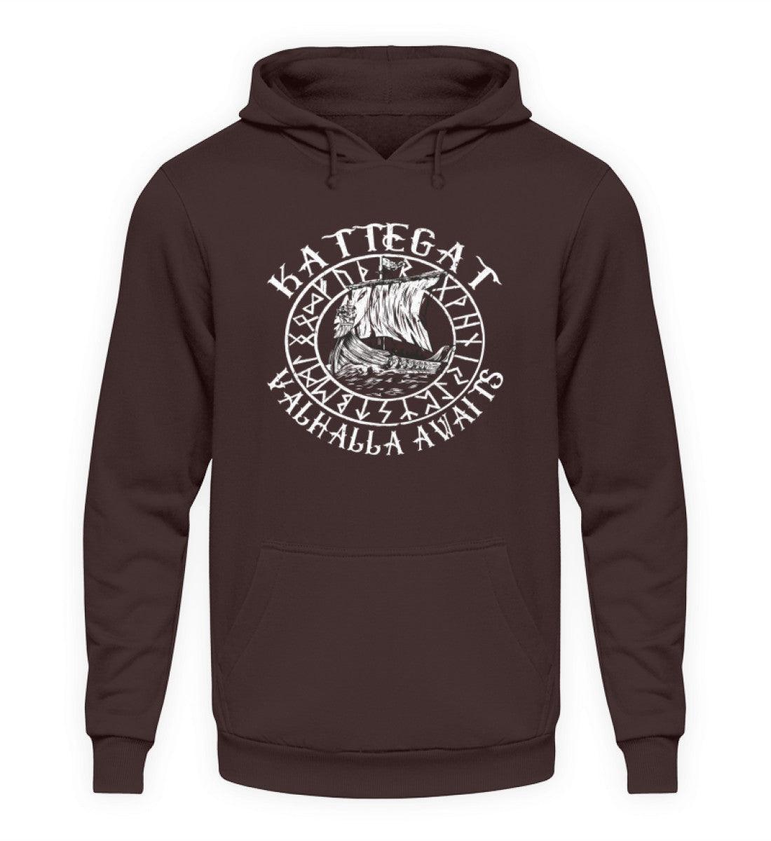 Wikinger Hoodie mit Wikingerschiff Design - "Kattegat Valhalla Awaits" - Authentische Nordische Bekleidung - Nordic Viking Wear