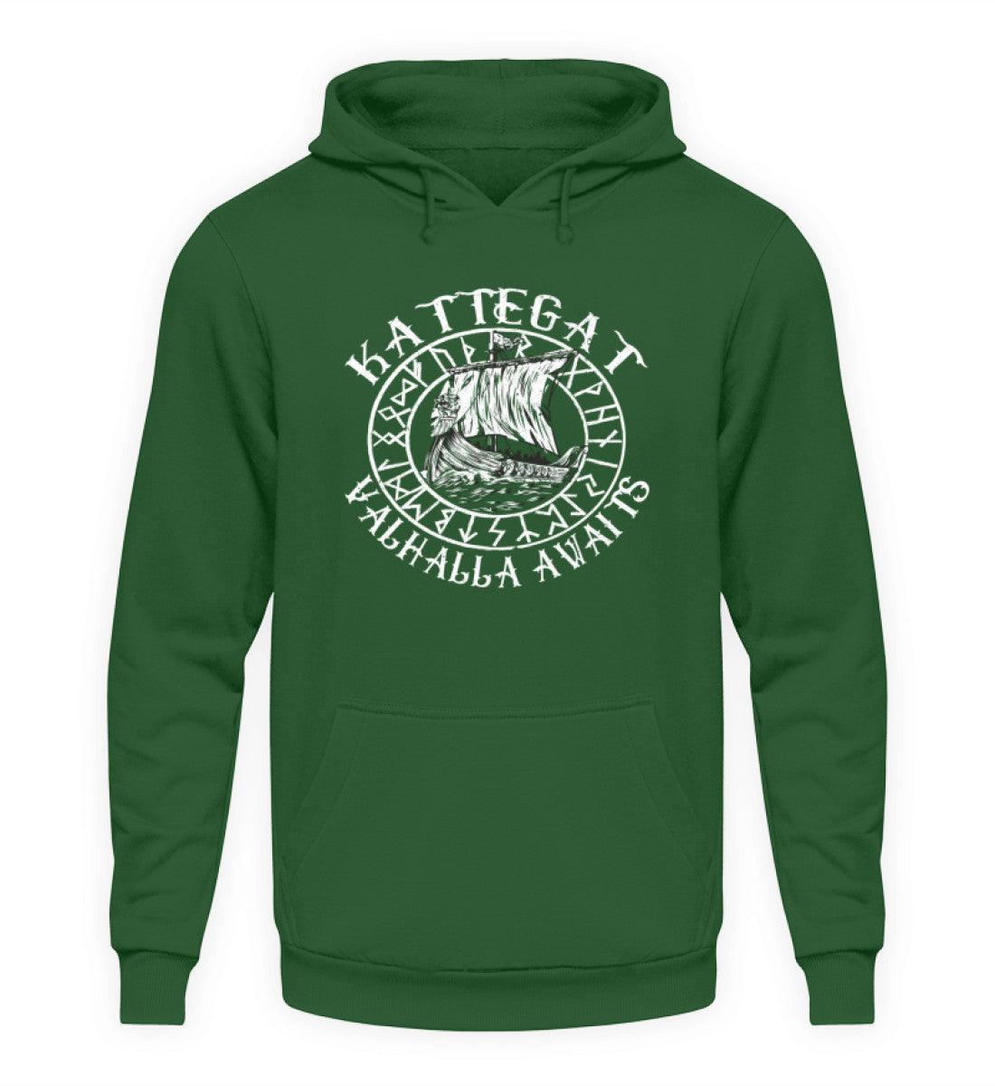 Wikinger Hoodie mit Wikingerschiff Design - "Kattegat Valhalla Awaits" - Authentische Nordische Bekleidung - Nordic Viking Wear
