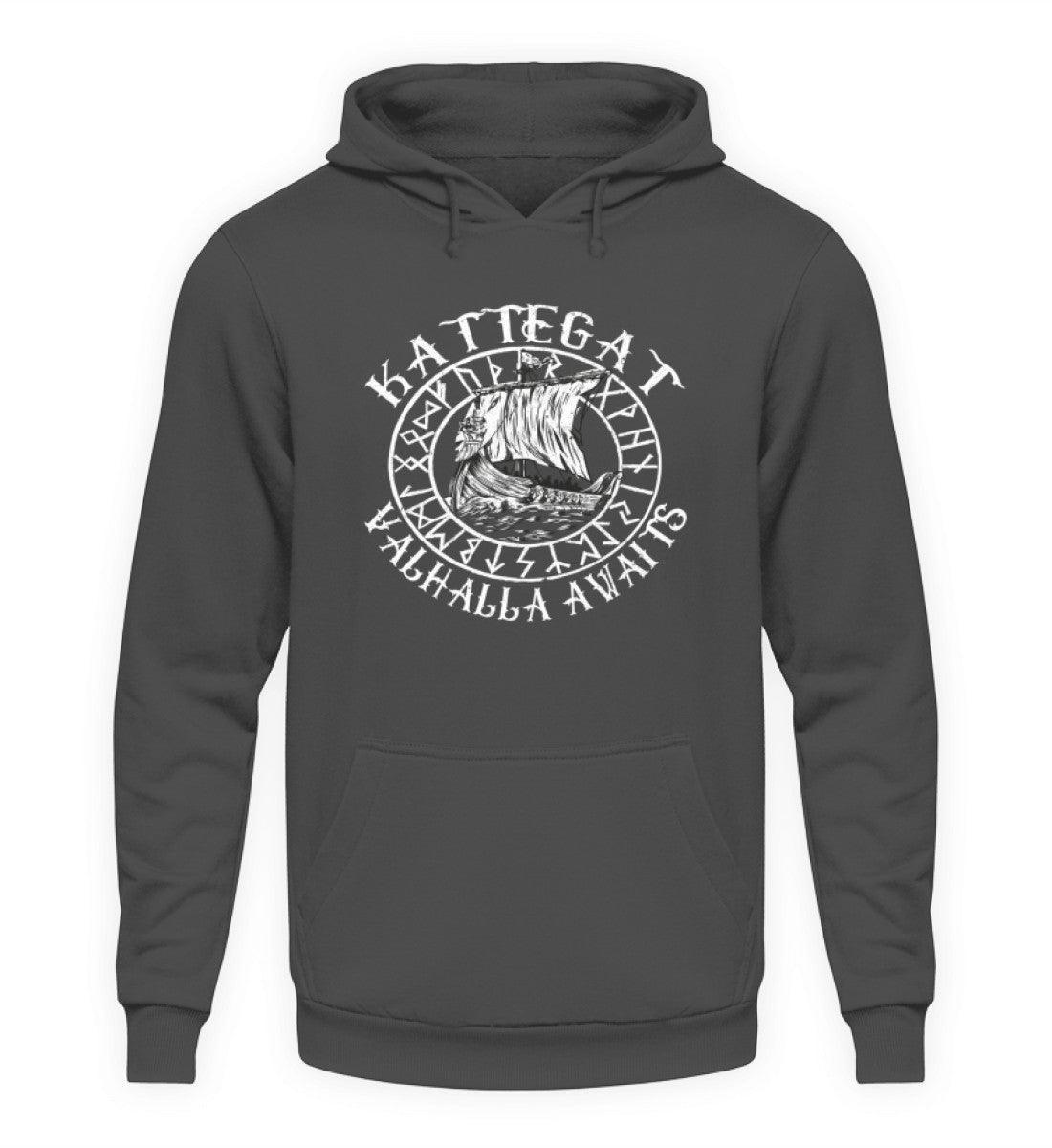 Wikinger Hoodie mit Wikingerschiff Design - "Kattegat Valhalla Awaits" - Authentische Nordische Bekleidung - Nordic Viking Wear