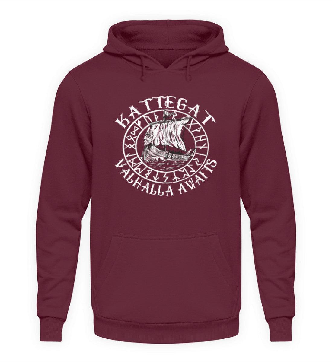 Wikinger Hoodie mit Wikingerschiff Design - "Kattegat Valhalla Awaits" - Authentische Nordische Bekleidung - Nordic Viking Wear