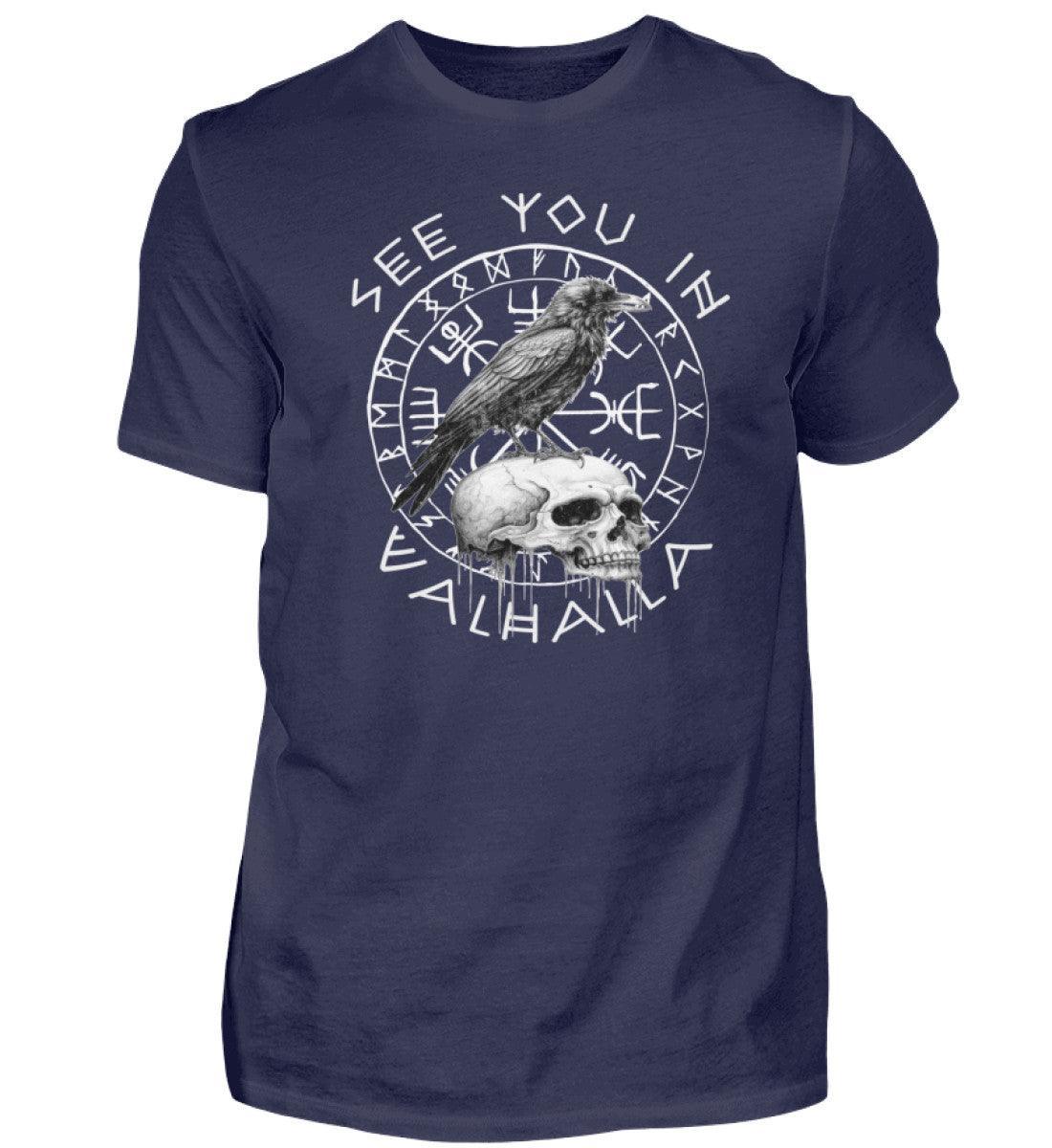 Wikinger Premium T-Shirt: Helm Of Awe & Rabe auf Schädel - "See You in Valhalla" - Nordic Viking Wear