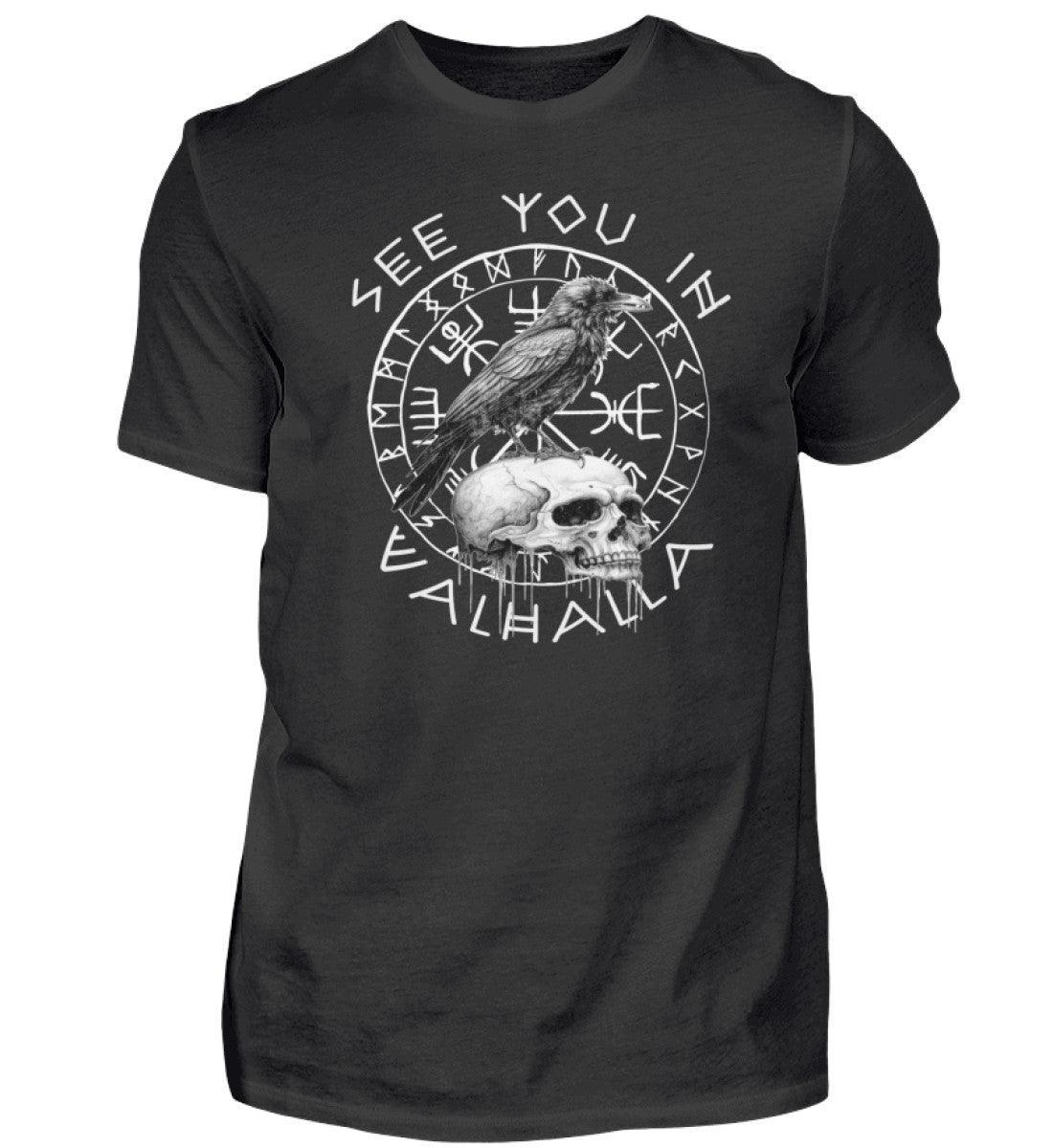 Wikinger Premium T-Shirt: Helm Of Awe & Rabe auf Schädel - "See You in Valhalla" - Nordic Viking Wear
