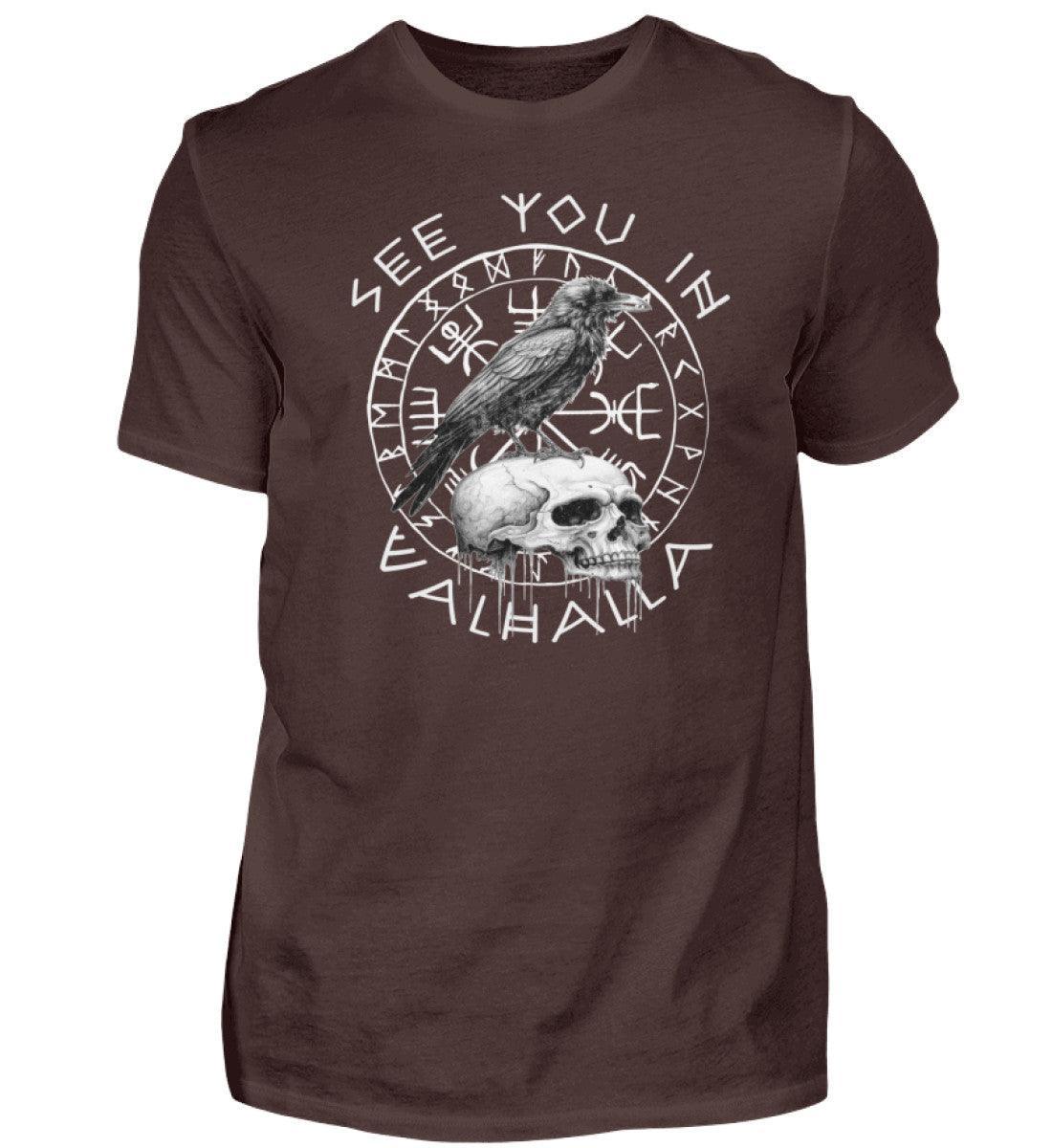 Wikinger Premium T-Shirt: Helm Of Awe & Rabe auf Schädel - "See You in Valhalla" - Nordic Viking Wear