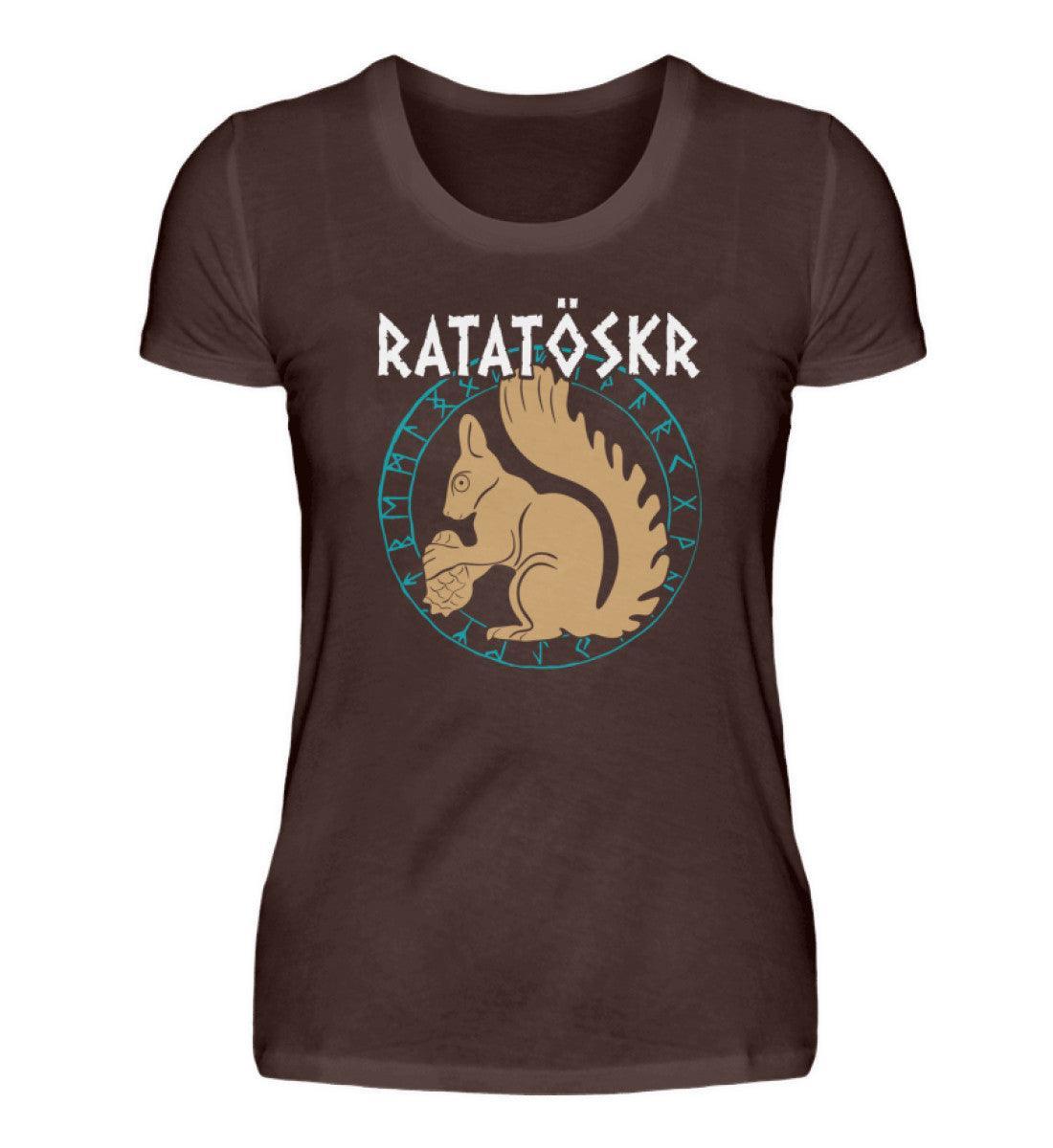 Premium Schildmaiden T-Shirt "RATATÖSKR" – Eichhörnchen-Design mit Runenkreis - Nordic Viking Wear