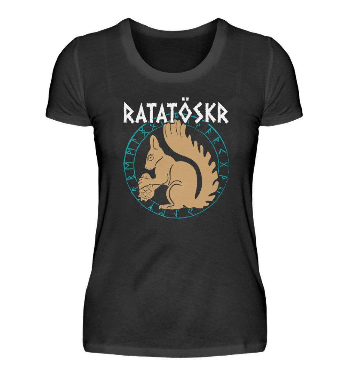 Premium Schildmaiden T-Shirt "RATATÖSKR" – Eichhörnchen-Design mit Runenkreis - Nordic Viking Wear