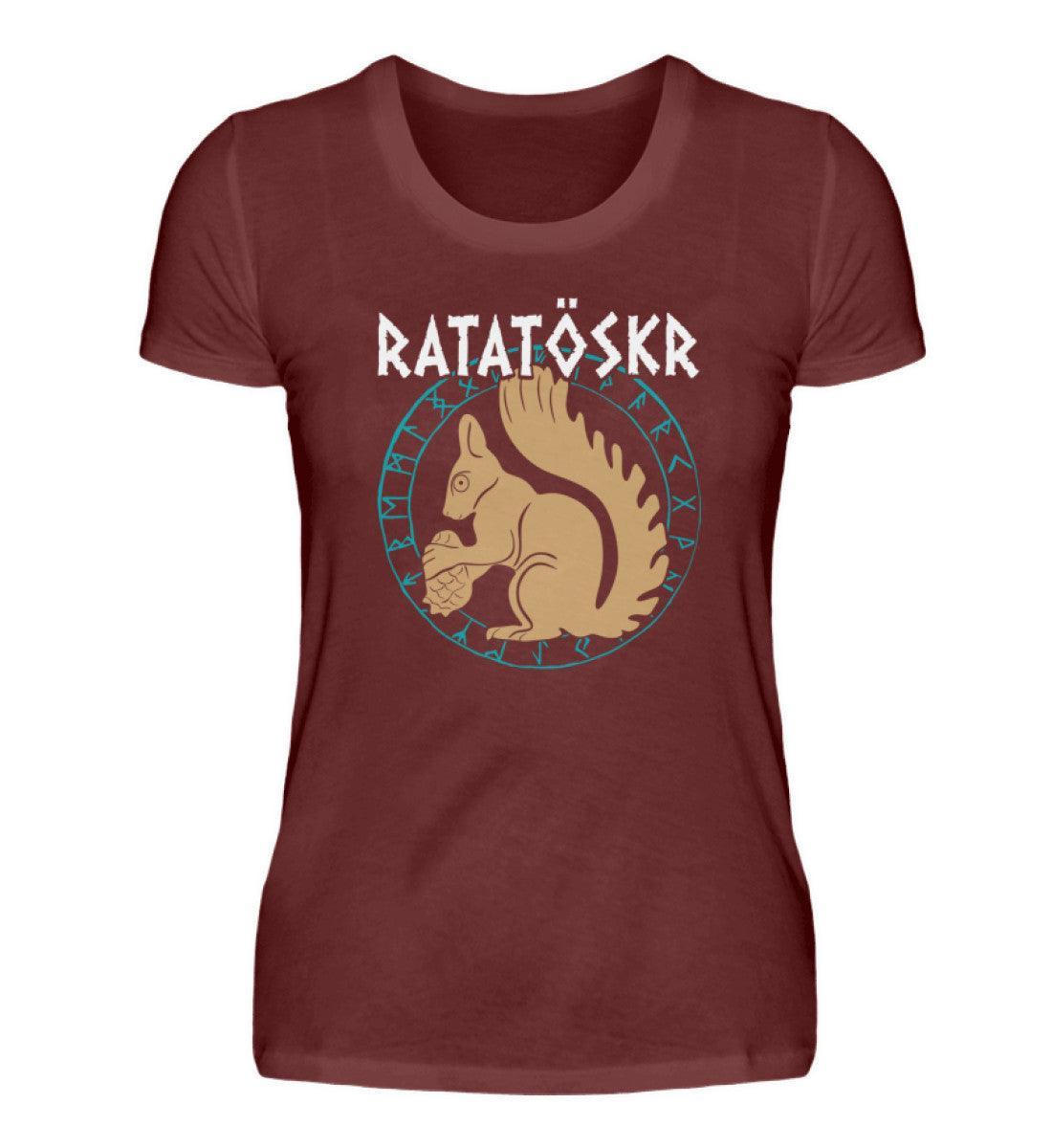 Premium Schildmaiden T-Shirt "RATATÖSKR" – Eichhörnchen-Design mit Runenkreis - Nordic Viking Wear