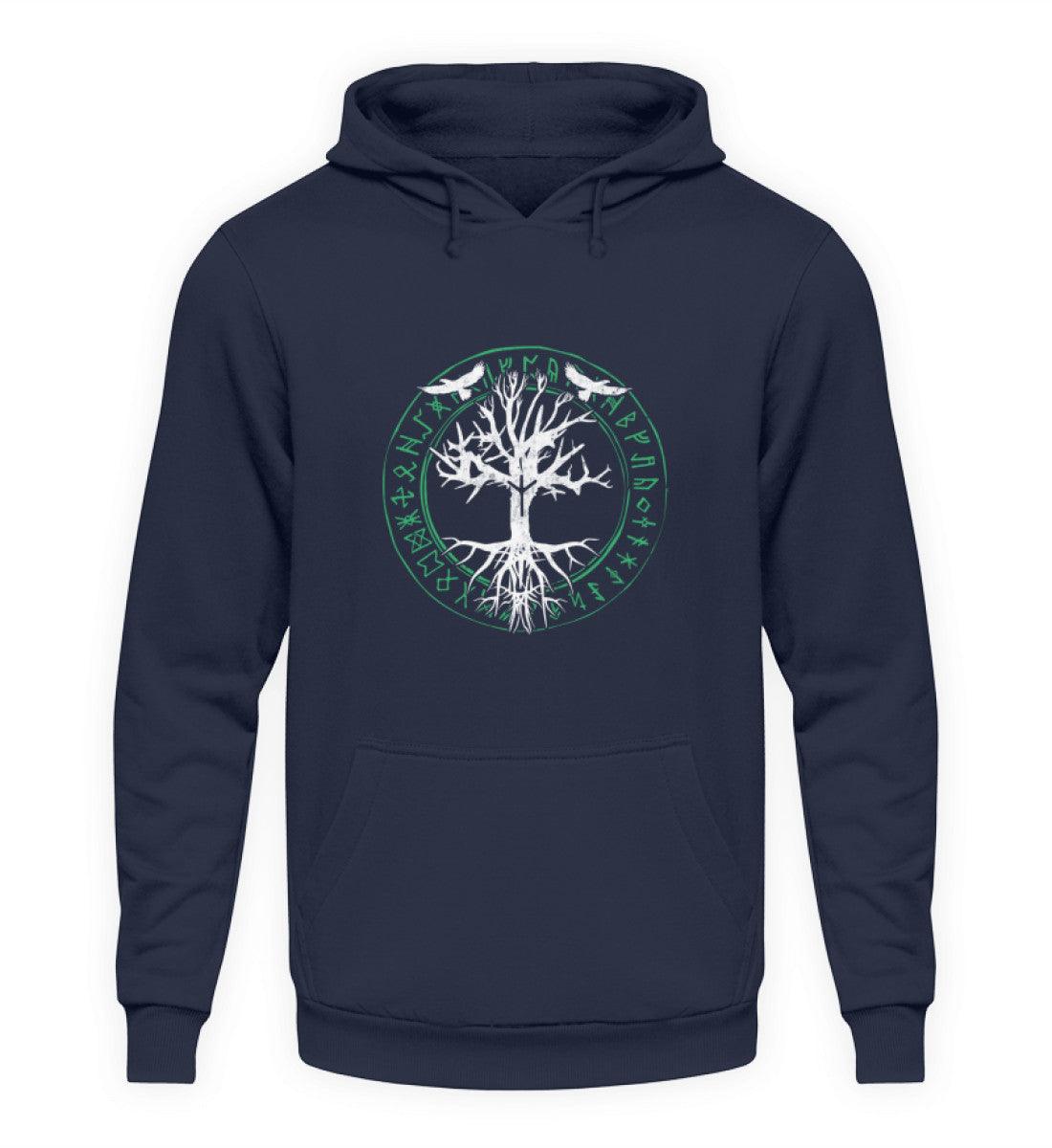 Wikinger Hoodie Odins Raben Weltenbaum mit Runenkreis - Nordic Viking Wear