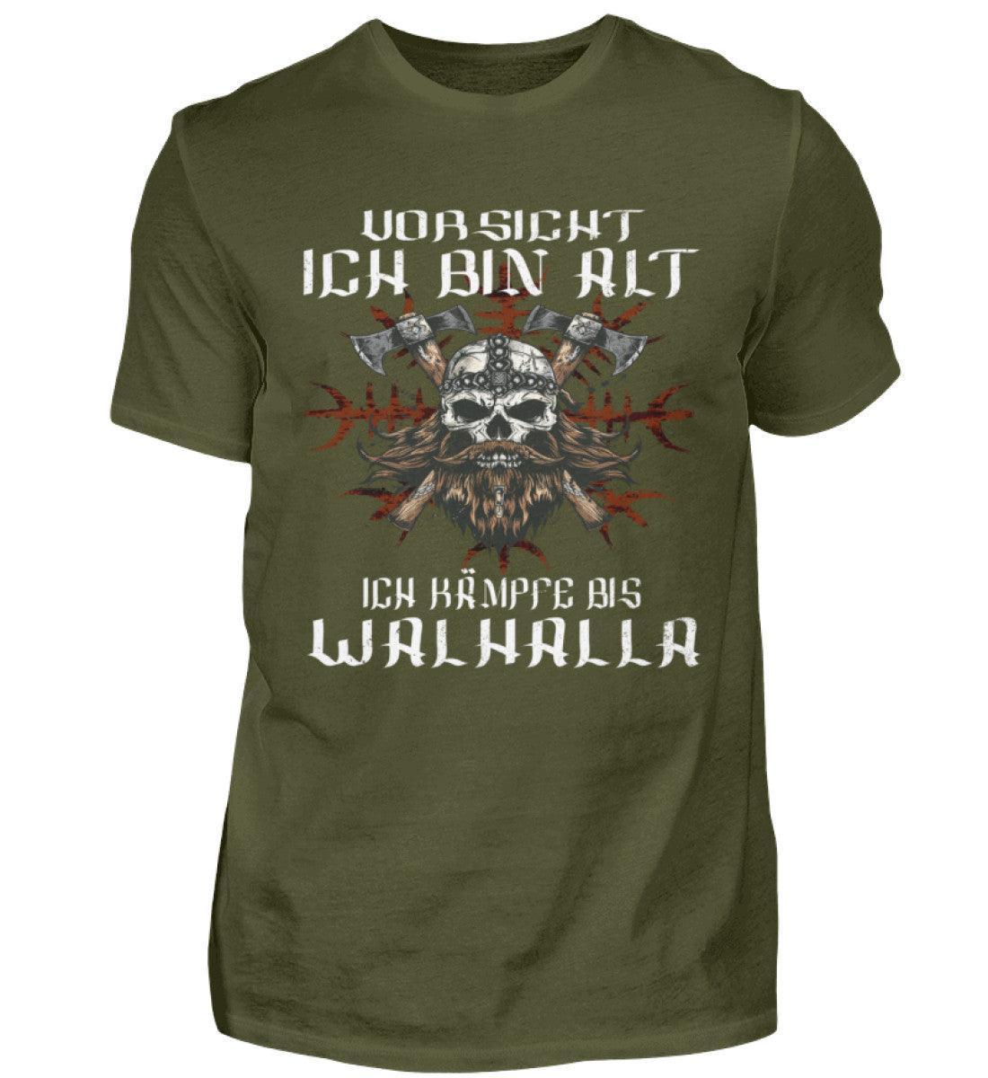 Lustiges Wikinger Shirt - "Vorsicht, Ich Bin Alt. Ich Kämpfe bis Walhalla" - Nordic Viking Wear