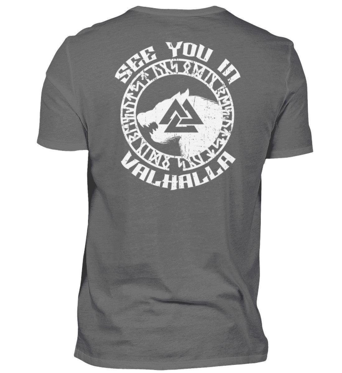 See You in Valhalla" Wikinger Backprint Premiumshirt - Nordischer Krieger Wolf Design - Valhalla Ruf Shirt - Nordic Viking Wear