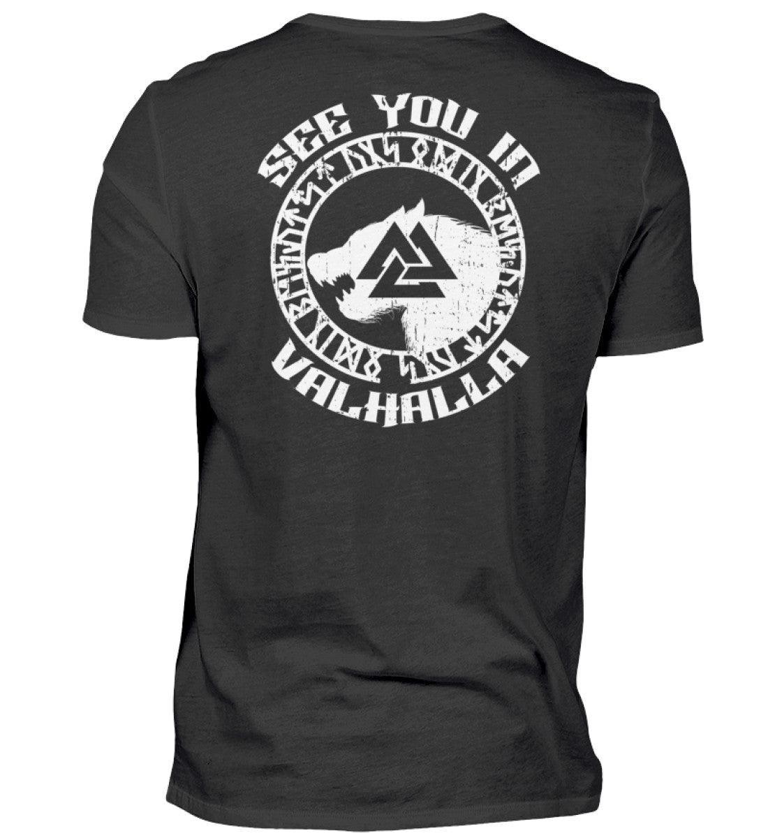 See You in Valhalla" Wikinger Backprint Premiumshirt - Nordischer Krieger Wolf Design - Valhalla Ruf Shirt - Nordic Viking Wear