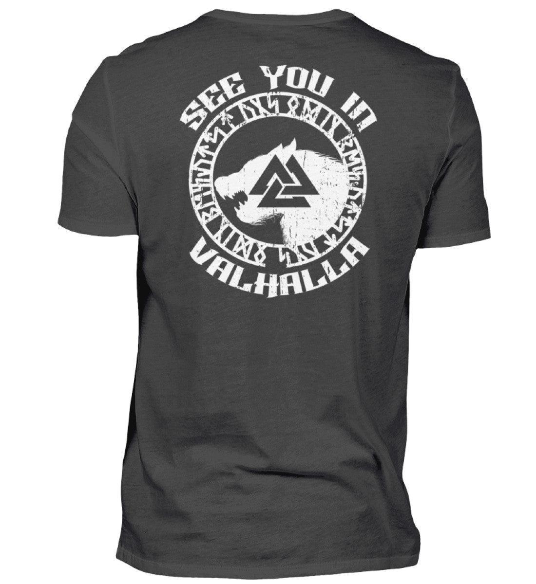 See You in Valhalla" Wikinger Backprint Premiumshirt - Nordischer Krieger Wolf Design - Valhalla Ruf Shirt - Nordic Viking Wear
