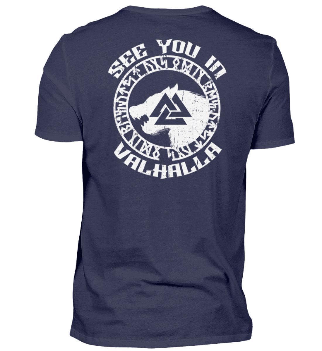 See You in Valhalla" Wikinger Backprint Premiumshirt - Nordischer Krieger Wolf Design - Valhalla Ruf Shirt - Nordic Viking Wear