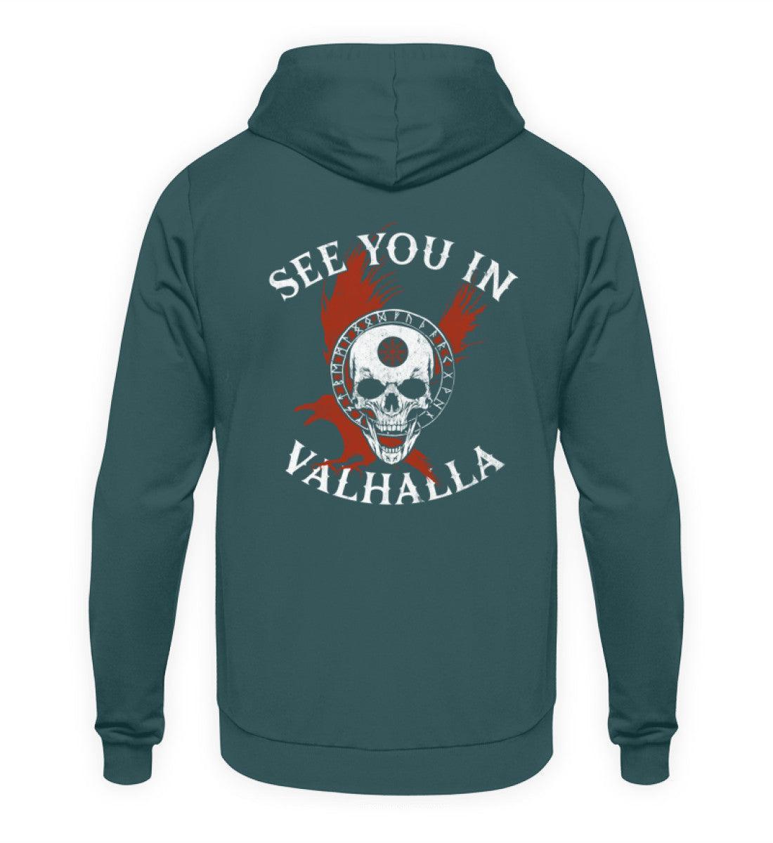 Wikinger-Hoodie "See You in Valhalla" mit Helm of Awe-Schädel - Nordic Viking Wear
