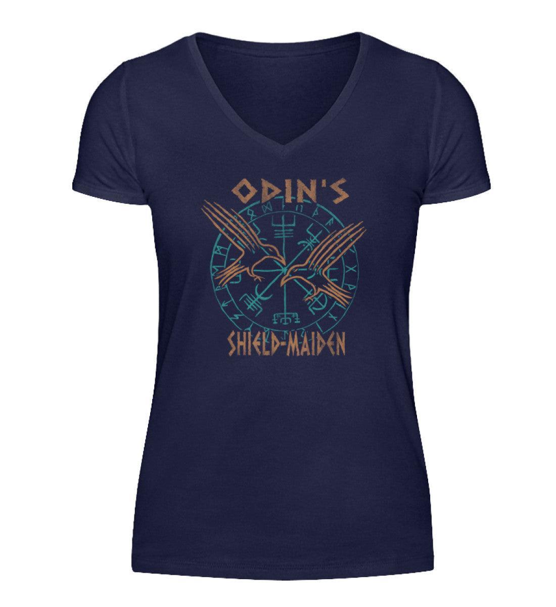 Odin's Shield-Maiden V-Neck: Stolzes Wikinger-Design mit Raben & Runenkreis - Nordic Viking Wear
